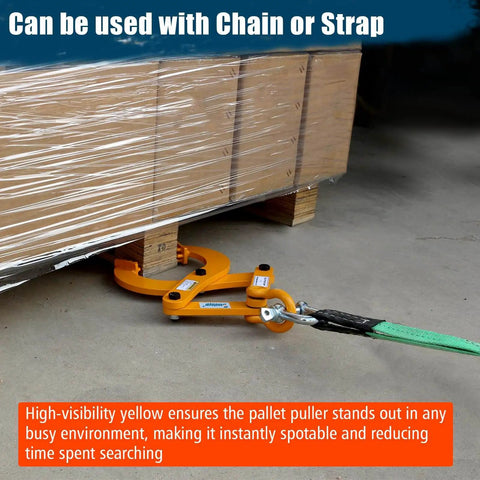 Heavy Duty Pallet Puller Clamp For Forklift Chains With 6 Inch Jaw Opening And 2204 Lbs Capacity The Rugged Boss For Tree Stump And Brush Pulling With Self Locking Scissor Mechanism Industrial Grade in use with wooden pallet. 