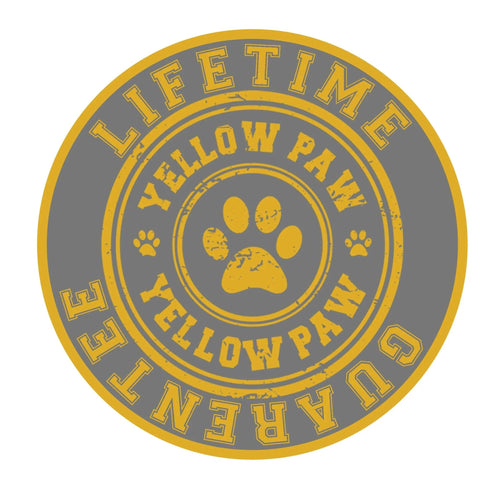 Yellow paw print logo with 'Lifetime Guarantee' text in gray and gold colors.