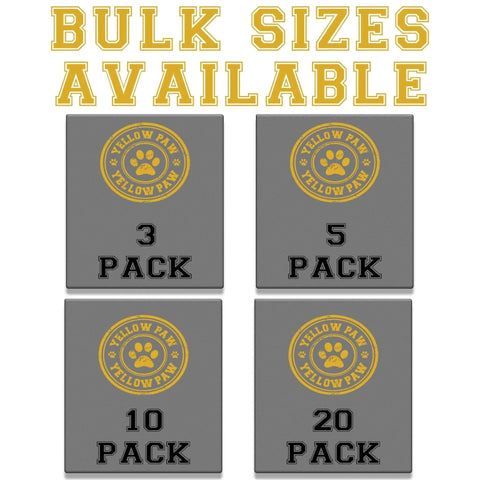 Bulk sizes available graphic with options for 3, 5, 10, and 20 pack featuring Yellow Paw logo.
