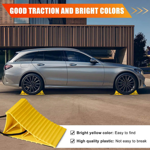 Car parked with 4 Pack Non Slip Wheel Chocks For RVs And Travel Trailers With Rope For Easy Removal Lightweight Plastic Wheel Stoppers