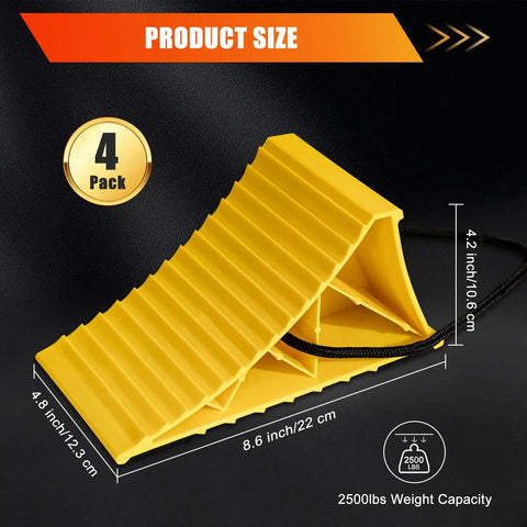 4 Pack Non Slip Wheel Chocks For RVs And Travel Trailers With Rope For Easy Removal Lightweight Plastic Wheel Stoppers displayed with size measurements, yellow color.