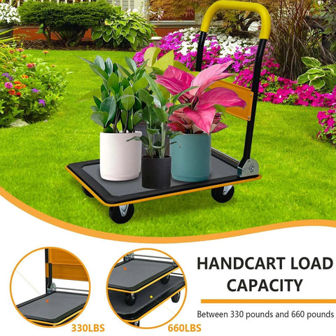 Yellow ✝️ Foldable Push Cart Platform Cart 330lbs Capacity with plants in a garden, showcasing durable steel and swivel wheels.
