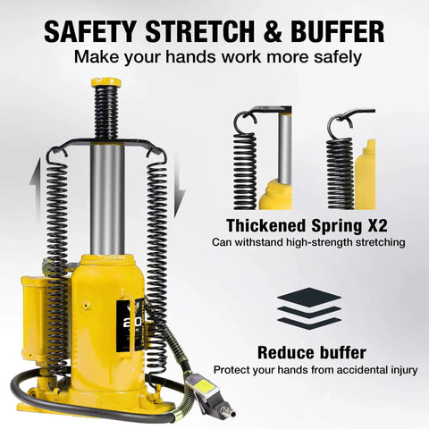 Massive 20 Ton Pneumatic Bottle Jack For Trucks And Autos With Air And Manual Pump, Adjustable Lift From About 10 7/16 In To 20 1/16 In, Heavy Duty Auto Shop Jack By Yellow Jacket with safety stretch and buffer feature.