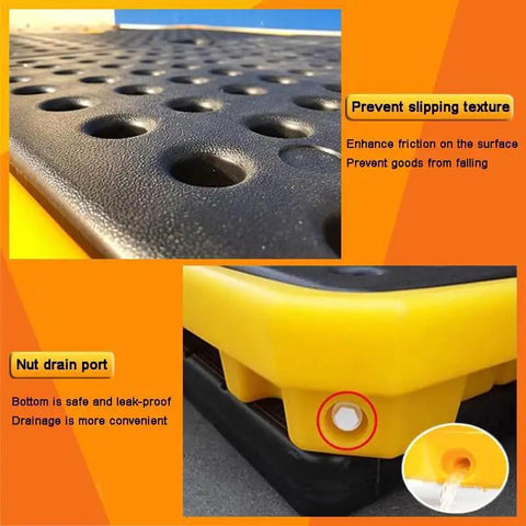 Close-up of black textured surface and drain port of Two Drum Spill Containment Pallet, Polyethylene Low Profile Paint Bucket Tray, Yellow 2 Pack.