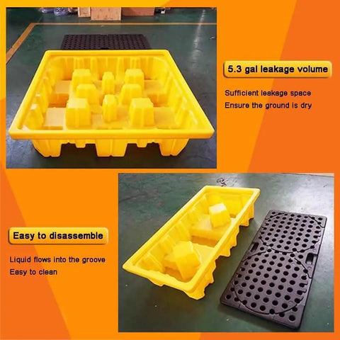Two Drum Spill Containment Pallet, Polyethylene Low Profile Paint Bucket Tray For Industrial Garage Storage, Yellow 2 Pack shown