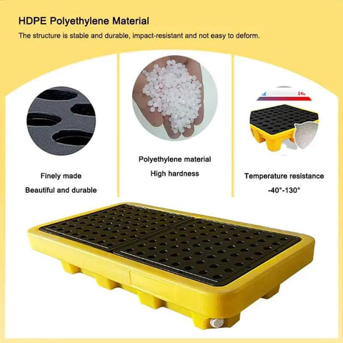 Two Drum Spill Containment Pallet, Polyethylene Low Profile Paint Bucket Tray For Industrial Garage Storage, HDPE material, yellow