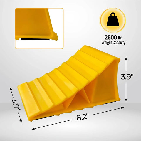 Heavy Duty Wheel Chocks For Travel Trailers And RVs Yellow 4 Pack Non Slip Lightweight Two Wheel Stopper Set For Cars Campers And Trucks With Grab And Go Carry Design By HOXWELL shown in yellow with size dimensions and weight capacity 2500 lbs.