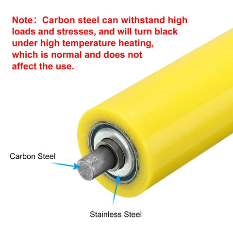 Close-up of yellow polyurethane coated conveyor roller with stainless steel and carbon steel core, 2" diameter 8" length