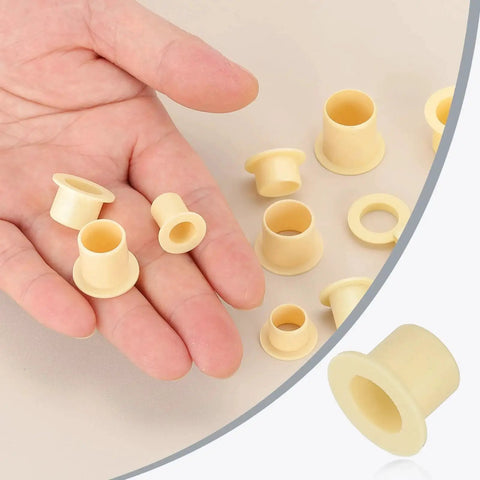 Hand holding Six Pcs Flanged Sleeve Bearings 8 mm Inner Diameter 10 mm Outer Diameter 10 mm Length POM Plastic Bushing Yellow