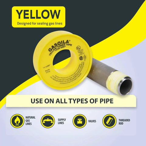 Professional Grade PTFE Thread Seal Tape for Gas Lines with Gasoila, Yellow, shown sealing a threaded pipe for gas systems.