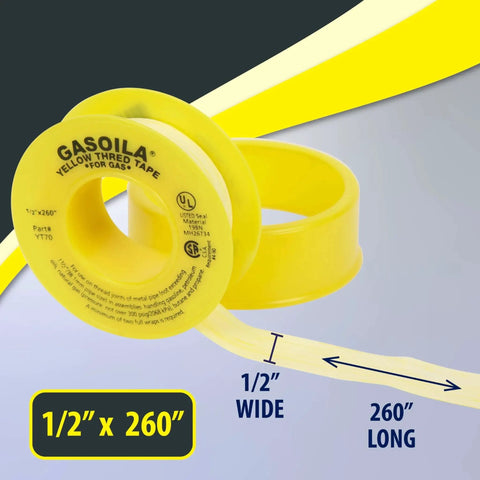 Professional Grade PTFE Thread Seal Tape for Gas Lines with Gasoila, yellow 1/2 inch by 260 inches, high density, non-toxic