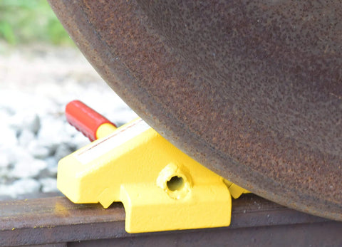 Steel Single Rail Chock With Handle For Keeping Railroad Cars From Moving All Welded Steel Construction Bright Yellow Finish