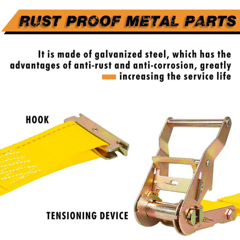 Heavy Duty Wheel Chock Tie Down Kit With 4,500 Lb Break Strength For ATVs UTVs Lawn Mowers showing metal hook and tensioning device