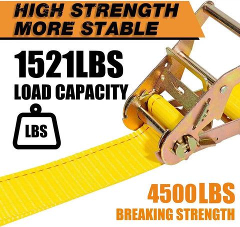 Close-up of Heavy Duty Wheel Chock Tie Down Kit With 4,500 Lb Break Strength featuring yellow ratchet strap and metal buckle.