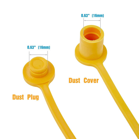 Close-up of yellow 4 Pack 16mm Quick Connect Dust Cap And Plug Set For Propane And Natural Gas Lines, showing dimensions.