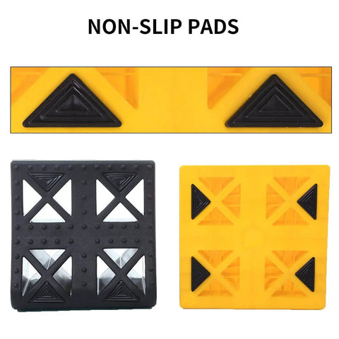 Close-up of anti-slip pads and interlocking design for RV Camper Leveling Blocks Set With Anti Slip Pads Interlocking Design 10 Pack Includes One Wheel Chock Ramps And Carrying Bag For Travel Trailer Yellow Heavy Duty Stabilizers For Campsites.