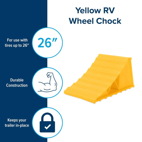 Yellow plastic wheel chock for trailers and RVs, fits tires up to 26 inches, durable and UV protected