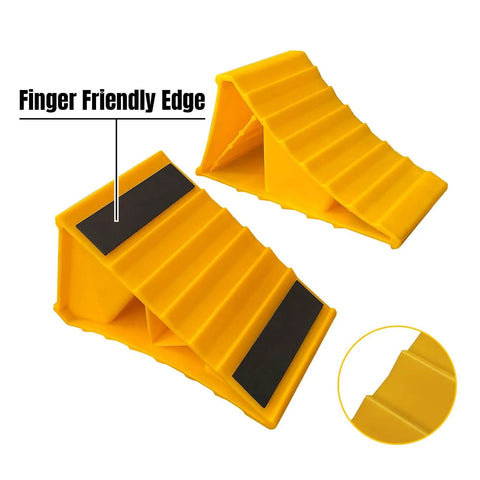 Heavy Duty Wheel Chocks For Travel Trailers And RVs Yellow 4 Pack Non Slip Lightweight Two Wheel Stopper Set, close-up view