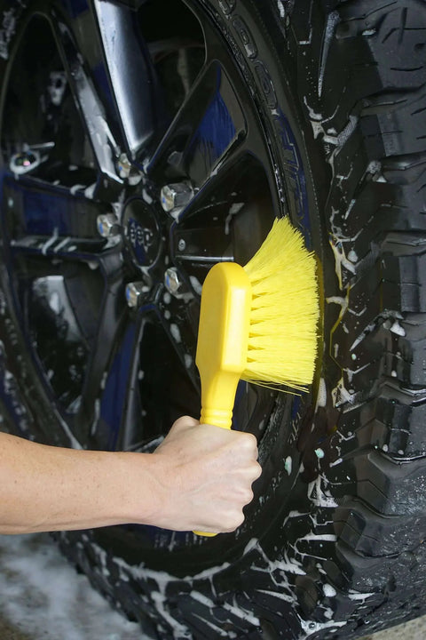 Using Rubbermaid Commercial 8" Utility Scrub Brush Plastic Handle Synthetic Bristles Cleaning Multi Purpose Heavy Duty Outdoor Wheels and Tires on car wheel
