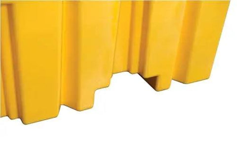 Close-up of Beefed Up Heavy Duty Drum Spill Containment Pallet with drain and forklift pockets, yellow HDPE material visible