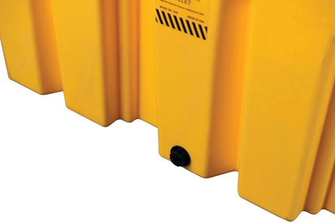 Close-up of yellow Beefed Up Heavy Duty Drum Spill Containment Pallet With Drain and Forklift Pockets, 66 Gallon Sump, USA made