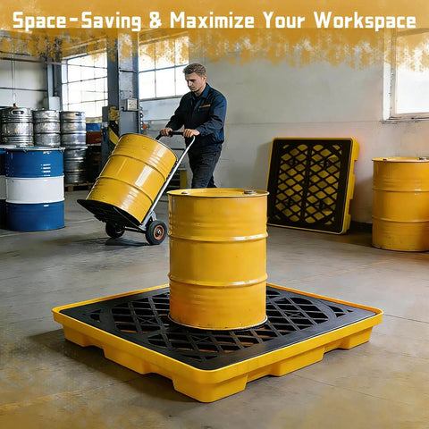 Spill Containment Pallet For One Drum 5 Gallon, Anti Slip Plastic Tray With 24 Inch Square Footprint in industrial setting