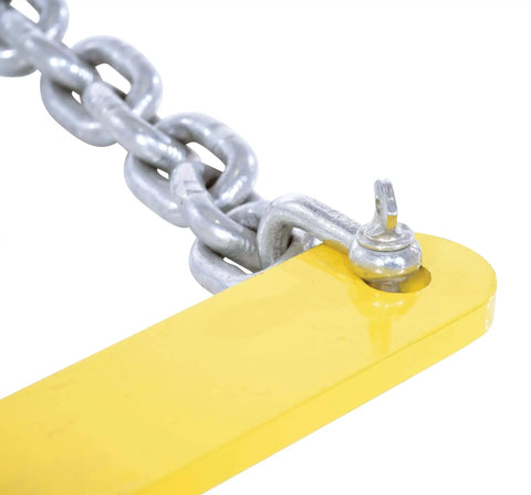 Close-up of Heavy Duty Double Scissor Pallet Puller For Easy Pallet Moving, showing steel chain and yellow finish, 4 Inch Jaw Opening, 5000 Lb Capacity.