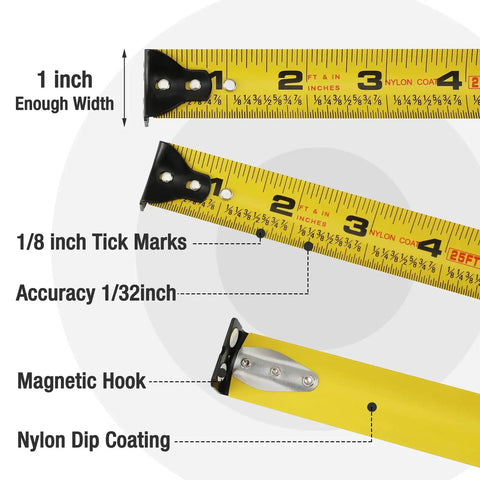 Close-up of a 25 ft tape measure with yellow nylon-coated blade, magnetic hook, and 1/8 inch tick marks for Pink Twenty Five Foot Tape Measure With Magnetic Hook And Nylon Coated Blade For Durable Easy Read Measurements Retractable Design One Eighth Fraction And One Thirty Second Accuracy Belt Clip And Rubber Protective Casing For Rugged Use At The Job Site.