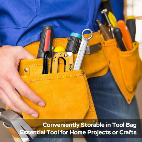 Person wearing tool belt with various hand tools in pockets, ideal for home projects or crafts.