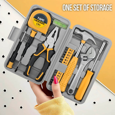 Bright yellow 20 Piece Basic Tool Kit with Mini Toolbox for home repairs, easy to use for beginners and gals, includes hammer, wrench, pliers.