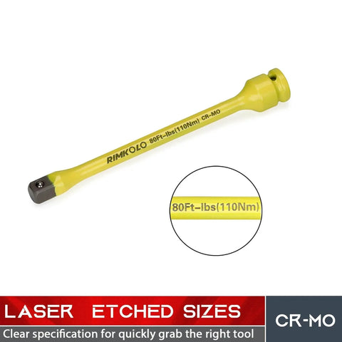 1/2" Drive Torque Limiting Extension Bar, 8 Inch Color-Coded Limiter 80ft-lbs CR-MO Stick for Locking Lug Nuts in yellow
