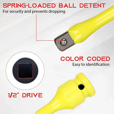 Close-up of a yellow 1/2" Drive Torque Limiting Extension Bar with spring-loaded ball detent and color-coded design for locking lug nuts.
