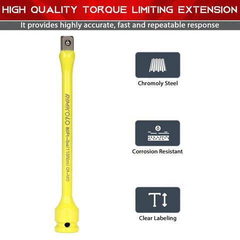 Front view of 1/2" Drive Torque Limiting Extension Bar, 8 Inch Color-Coded Limiter 80ft-lbs CR-MO Stick for Locking Lug Nuts