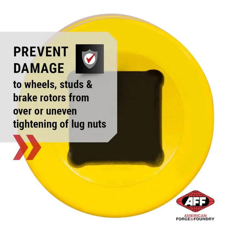 Close-up of Torque Limiting Extension, 1" Drive, 175 ft/lbs, Yellow, 40417 with prevention message overlay and AFF logo