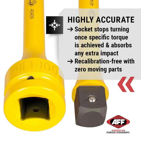Torque Limiting Extension, 1" Drive, 400 ft/lbs, Yellow, 40409 close-up with accuracy features highlighted.