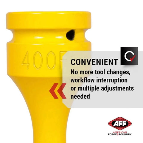 Close-up of yellow Torque Limiting Extension, 1" Drive, 400 ft/lbs, 40409, showing convenience text and AFF logo.