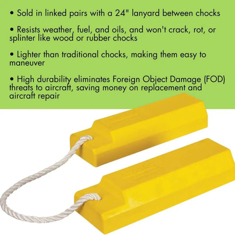 18 Inch Airplane Wheel Chocks For Small To Mid Sized Aircraft, Roped Pair For Polished Hangar Floors, Durable Lightweight Urethane, Yellow AC3518 RP P By Checkers