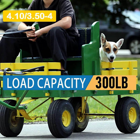 10" solid rubber tires and yellow wheels 4.10/3.50-4 on green wagon, carrying a dog, emphasizing load capacity of 300 lbs.