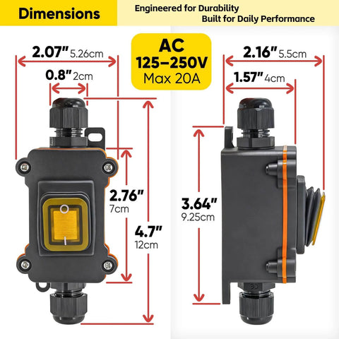 Built To Last Waterproof Inline Rocker Switch Box For Automotive And Equipment 110 To 250V 20A Lighted Controller dimensions