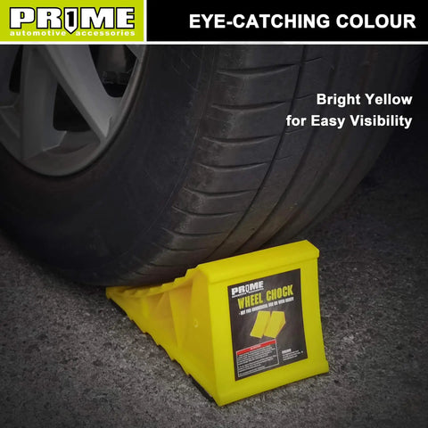 Bright Yellow Heavy Duty Wheel Chocks With Non Slip EVA Base For RV And Trailer 2 Pack No Rope Hassle And Lightweight Tire Stoppers For Cars Campers Trucks Fits Most Tire Sizes PR1ME next to car tire