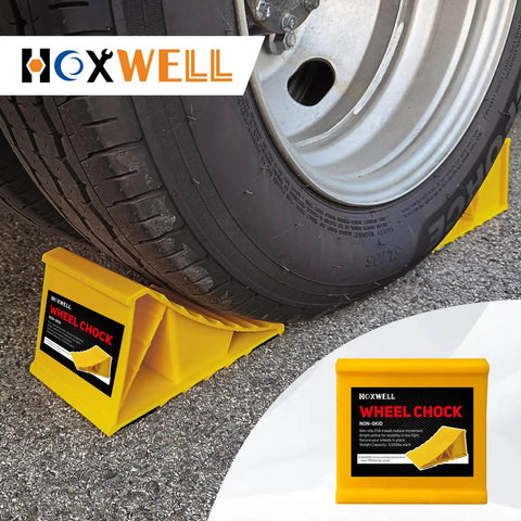 Heavy Duty Wheel Chocks For Travel Trailers And RVs Yellow 4 Pack Non Slip Lightweight Two Wheel Stopper Set For Cars Campers And Trucks With Grab And Go Carry Design By HOXWELL installed under vehicle tire