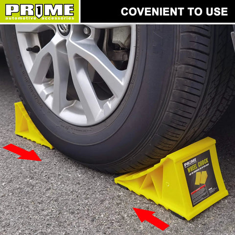 Bright Yellow Heavy Duty Wheel Chocks With Non Slip EVA Base For RV And Trailer 2 Pack No Rope Hassle And Lightweight Tire Stoppers For Cars Campers Trucks Fits Most Tire Sizes PR1ME positioned on concrete under vehicle tire