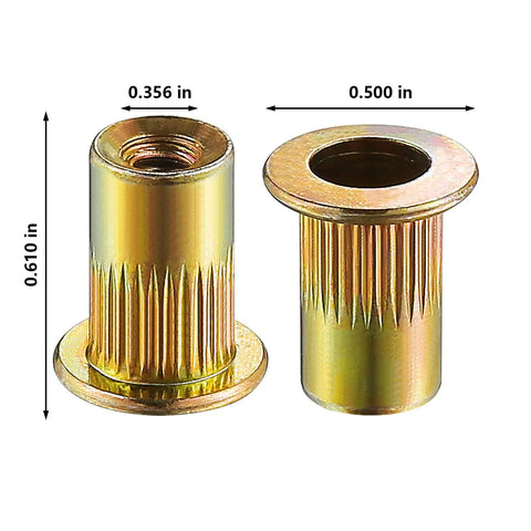200 Pcs Rivet Nuts One Quarter Twenty UNC Yellow Zinc Plated Flat Head Rivnut With Knurled Body For Sheet Metal Carbon Steel Rust Resistant Long Lasting Strength And Easy Assembly, showing dimensions and yellow finish.