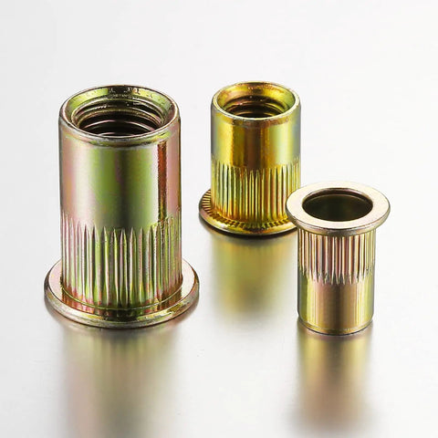 200 Pcs Rivet Nuts One Quarter Twenty UNC Yellow Zinc Plated Flat Head Rivnut With Knurled Body For Sheet Metal Carbon Steel
