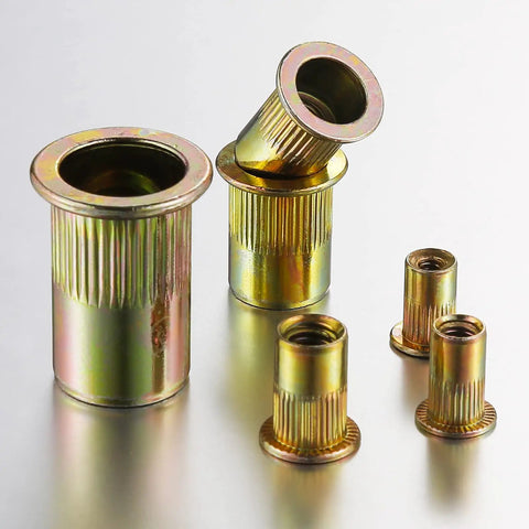 200 Pcs Rivet Nuts One Quarter Twenty UNC Yellow Zinc Plated Flat Head Rivnut With Knurled Body For Sheet Metal
