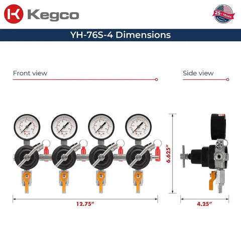 Front and side view dimensions of YH 76S 4 Secondary Regulator for Multi Keg Dispensing from a Single CO2 Tank.