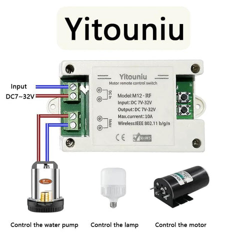 Front view: Yitouniu white motor remote control switch module, DC7–32V input, 10A output with pump, lamp, motor.