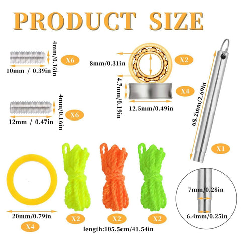 Diagram showing components in the Yo-Yo Bearing Replacement Kit with 10 Ball & 8 Ball Bearings, Stainless Steel Axle Screws, and Yo-Yo Strings.