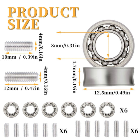 Dimensions and components of Professional Yo-Yo Bearing Accessory Set with 6 Unresponsive Bearings and 12 Stainless Steel Axle Screws