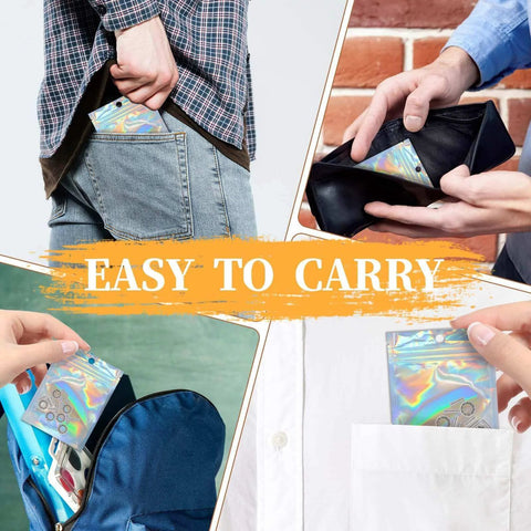 Person placing small holographic pouch in pocket and bag, text 'Easy to Carry' for portable design